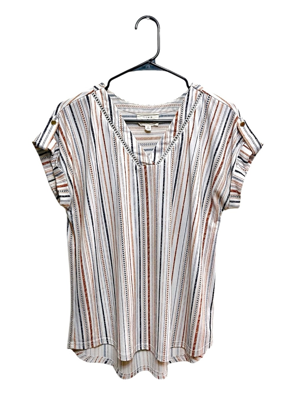 Flower & Feather Striped V-Neck Short Sleeve Top